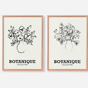 Botanique Collection 2er-Set Blumenstrauß in Vasendruck, Blumenwandkunst, Botanischer Druck, Zeichnung, handgezeichnete Vase mit Blumen