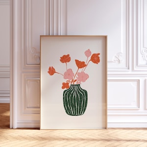 Impresión de ramo de flores en jarrón, impresión botánica, arte floral de pared, jarrón verde, regalo para un amigo, impresión de dibujo, arte abstracto dibujado a mano