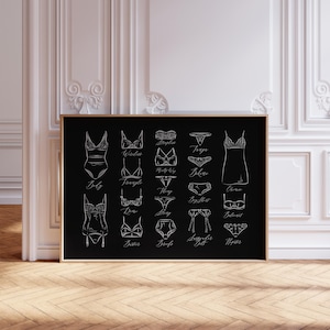 Op de afbeelding: Een ingelijste zwart-wit illustratie van lingeriestijlen, waaronder een body, driehoekbeha, strapless beha, string en chemise. De tekst beschrijft elke stijl. Het kunstwerk wordt getoond in een kamer met witte muren en een houten vloer.