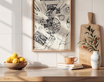 Impresión de fiesta de pizza en la mesa del comedor, arte de pared para cena en beige y negro, arte de pared para cocina, mesa de comedor retro, decoración de apartamentos, arte de pared para comedor