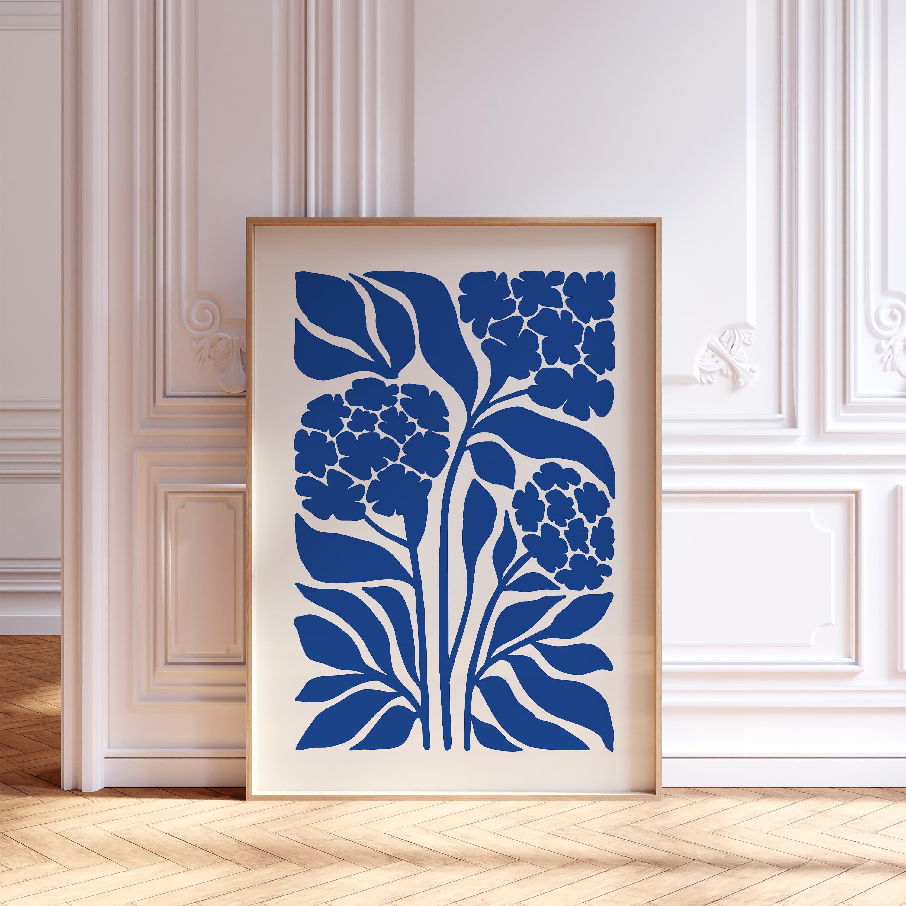 ネイビーブルーのボタニカルプリントセット：マティス風の抽象的な花