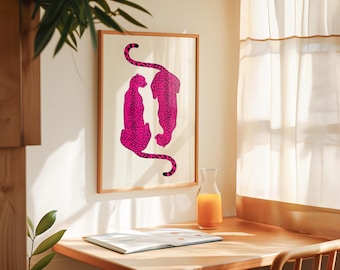 Digitale print cheetah, digitale preppy kunst aan de muur, felroze beige magenta luipaard poster, boho slaapzaal decor, jungle dieren dopamine decor