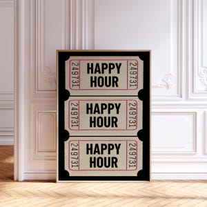 HAPPY HOUR Print retro tickets wall art, BAR Wall Art, vintage tickets poster, Digital Print Download Retro Art, bar cart decor