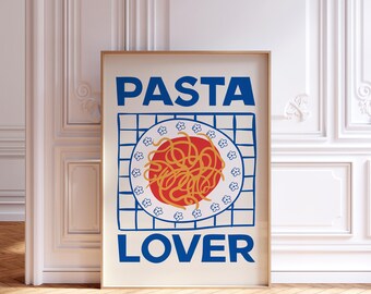 Blue Pasta Club Print, Retro Kitchen Wall Art Digital Download, dining table decor, dining room wall art, kitchen art, kitchen print