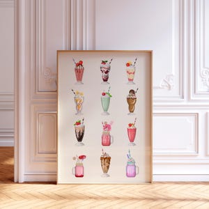Milkshakes print, bakkerij decor, milkshakes illustratie, keuken kunst aan de muur, food art poster, café kunst aan de muur, diner print, milkshake bar