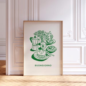 Buongiorno Italienisches Frühstück Poster, Essen & Trinken Poster, druckbare Küche Wandkunst, moderne Küche Dekor, Bar Warenkorb italienisch Kunstdruck