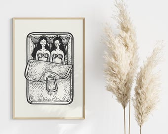Lámina para cocina, Lámina de sardinas con sirenas, Lata de sardinas, Arte para pared de cocina, Lata de comida retro, Negro beige, Descarga digital, Decoración de comedor