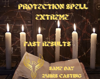 May include: A vintage book with a golden phoenix design on the cover, open to reveal the text "SAME DAY 24HRS CASTING". The book is surrounded by six lit candles and a wooden background with a pentagram and other symbols drawn in white chalk. The text "PROTECTION SPELL EXTREME FAST RESULTS" is written in gold letters above the candles.