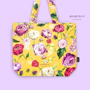 Large Yellow Floral Luxury Canvas Tote Bag. Reusable Flower Grocery Carrier. Women's Beach Bag, Rose & Peony Everyday Shopper. Work Handbag.