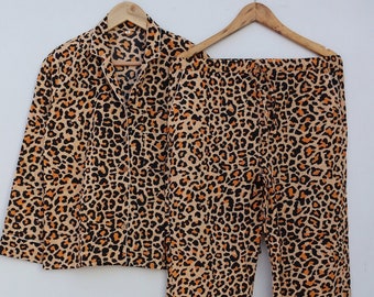 Leopard print cotton matching pajama sets, handmade pjs, cotton pajamas, gift for her, bridesmaids gifts