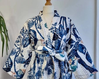 Owl print kantha kimono robe, quilted kimono, handmade kimono robe, gift for her