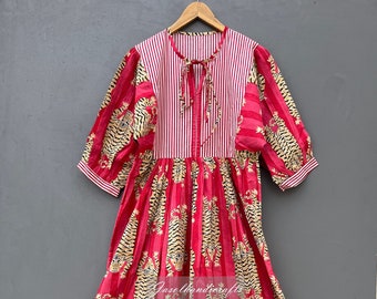 Tiger Midi Dress, Mini Dress, Long Block Print Dress, Deep Neck with string closer