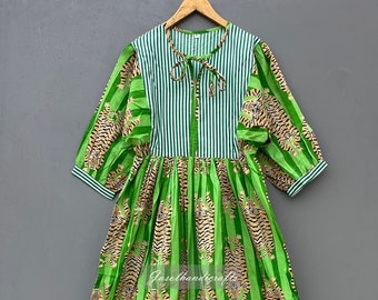 Indian Cotton Tiger Midi Dress, Mini Dress, Long Block Print Dress, Deep Neck with string closer