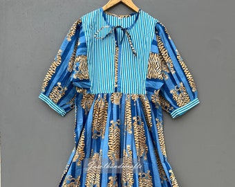 Blue stripes Tiger Midi Dress, Mini Dress, Long Block Print Dress, Deep Neck with string closer