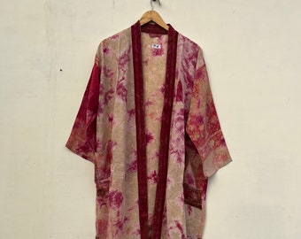 Kimono tie dye, accappatoio da donna, giacca da spiaggia dalla vestibilità ampia, Kimono lungo Silk Tie Dye in stile Boho naturale tinto a mano