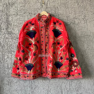 Handmade Suzani Embroidered Velvet Jacket: Indian Cotton Red Coat