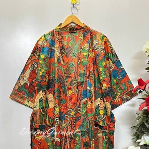 Cotton Kimono Robe Dressing Gown, Block Print Bridesmaid Robe, Summer Nightwear, One Size kimono robe