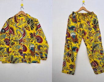 Pantalon et chemise en coton avec pochette | Ensemble pyjama de demoiselle d'honneur|Robe de nuit en tissu indien| Pyjama fait main