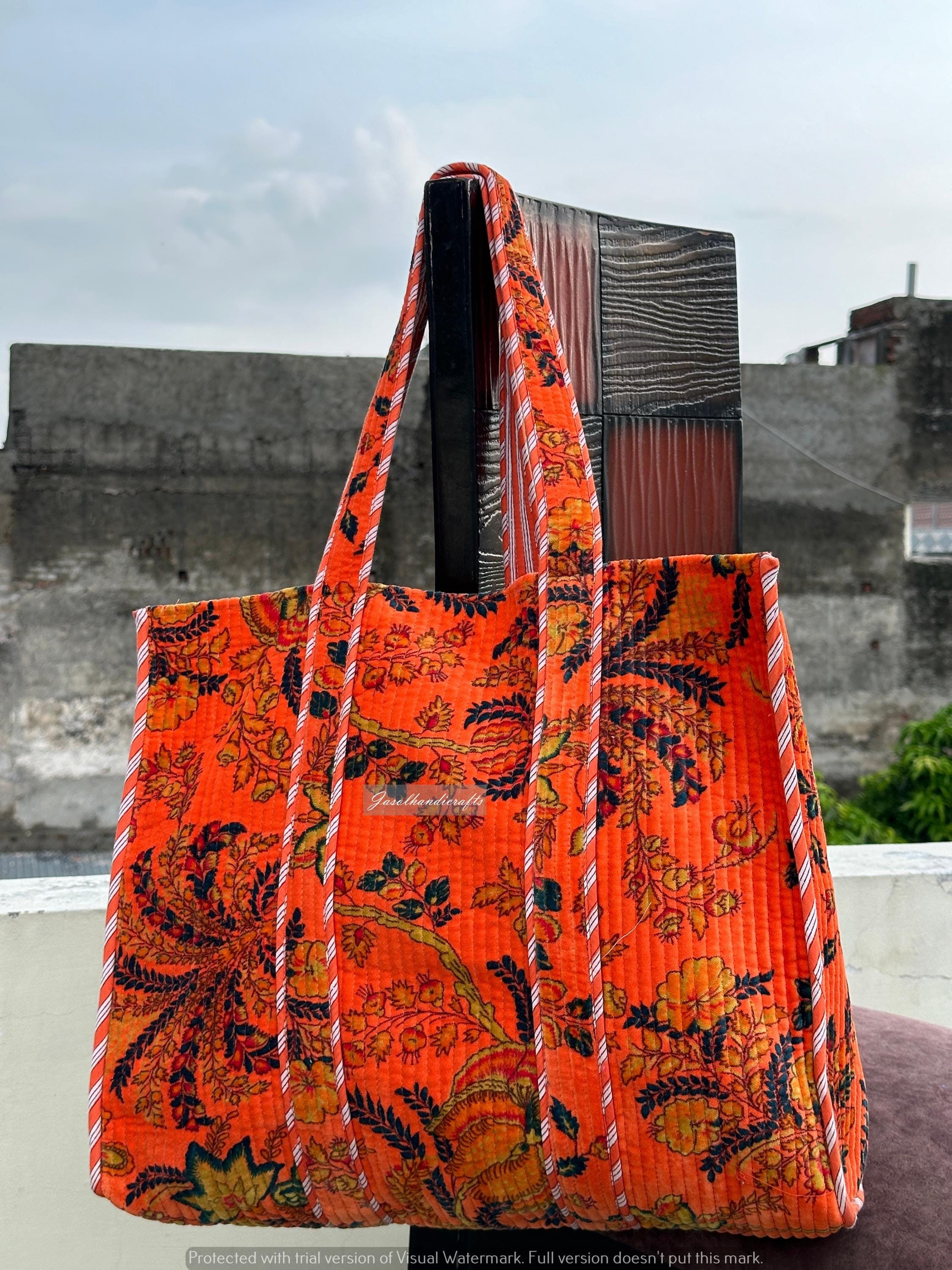 Orange Floral Velvet Tote Bags, Cotton Velvet Market Bag, Jhola