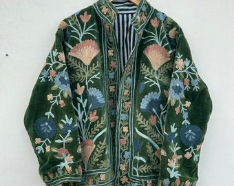 Handmade Velvet Vintage Suzani With Pocket Winter Short Jacket | Boho Jacket | Bomber Jacket | Winter Warmed Coat | Gift For Her