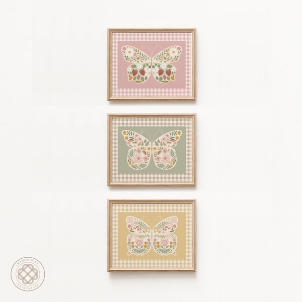 Floral Cottage Butterflies Printable 3 Piece Art Set for Little Girls Room, 3 Piece Wall Art Set for Girls Nursery, Girls Gingham Posters