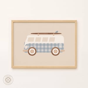 Póster imprimible de furgoneta camper de cuadros vichy, pósteres de vehículos azules para niños, láminas de surfistas para niños, lámina artística de furgoneta de los años 70, póster imprimible de autobús vintage