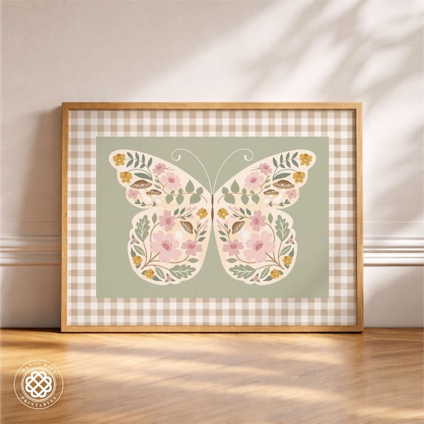 Woodland Butterfly Floral Print, Woodland Themed Bedroom Decor, Floral Poster Prints for Cottage Style Nursery, Playroom Wall Art for Girls