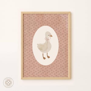 Ganso de cuento antiguo, impresiones de estilo tradicional para habitación de niña, póster de ganso divertido, arte rosa para sala de juegos, decoración rosa para habitación infantil, arte en acuarela