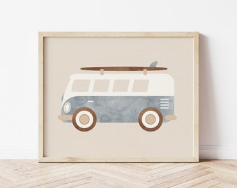 VW Bus Poster For Kids Room Digital Prints For Playroom Kids Custom Name Artwork Vintage Blue VW Van For Boys' Bedroom Surfer Art Prints