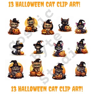 13 Cute Halloween Kitten Clipart | Watercolour Cat PNG JPEG and PDF | Spooky Collage Images |  Digital Planner | Commercial License