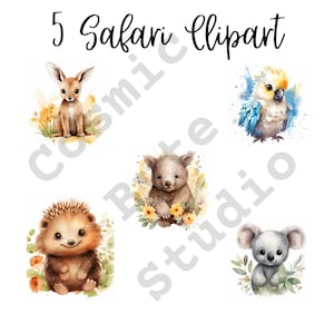 5 Safari-Tierbabys Aquarell Clipart Australia Edition, JPEGs und PNGs, digitales Basteln, Papierbasteln, sofortiger Download für kommerzielle Nutzung