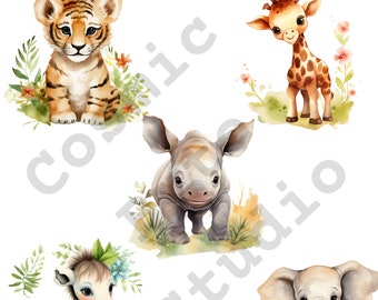 5 cliparts aquarelle Safari bébé animaux, PNG, création numérique, créations en papier, clipart mignon, téléchargement immédiat utilisation commerciale, clipart safari