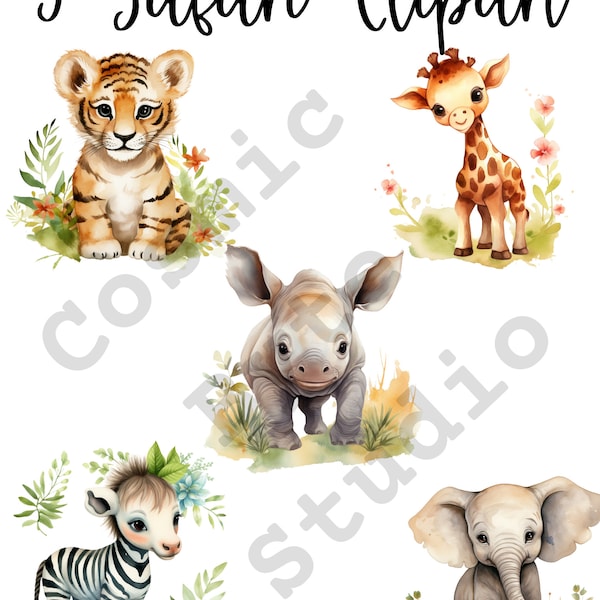 5 Safari Baby Animals Watercolor Clipart, PNGs, Digital crafting, Paper crafts, Cute clipart,Instant download commercial use, safari clipart