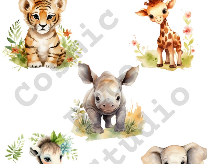 5 Safari Baby Animals Watercolor Clipart, Pngs, Digital Crafting, Paper