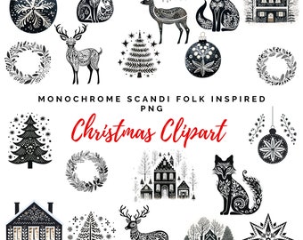 Christmas PNG Clipart Designs, Scandinavian, Nordic Black & White Folk Art