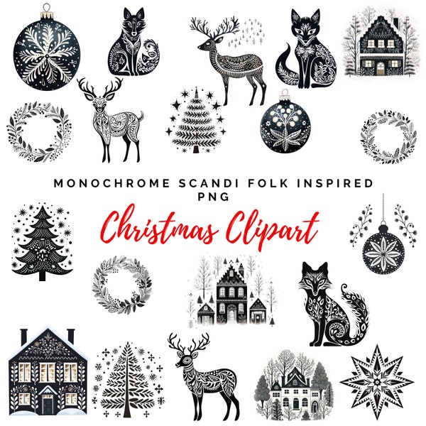 Christmas Clipart Designs, Scandinavian, Nordic, Monochrome Black & White Christmas PNG Designs to make Printed Items. Christmas Design PNG