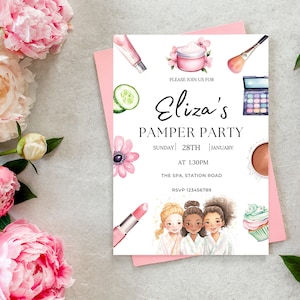 Printable Girls Pamper Party Invitation Template, Spa Birthday Party Invitation, Glam, Makeup Pamper Party, Invite, Girls Editable Invite