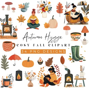 Disegni clipart autunnali, clipart autunnali, disegni PNG di illustrazioni scandinave per realizzare articoli stampati, clipart autunnali accoglienti, 34 PNG per uso commerciale