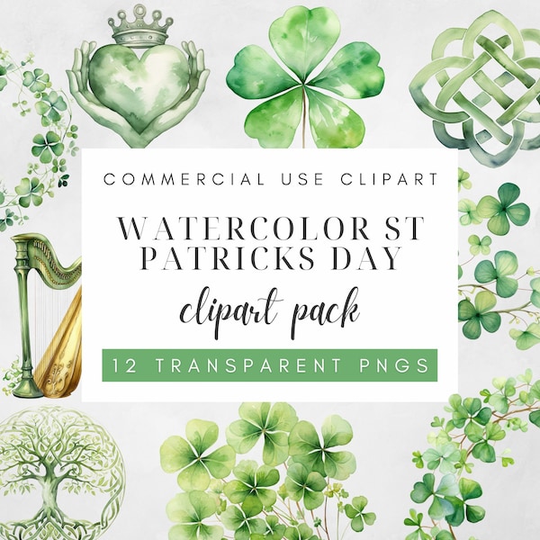 Watercolour St. Patrick's Day Clipart, Clover, Shamrock clipart, St Patricks day PNG, Irish Symbols Graphics, Green clipart, Irish Celtic