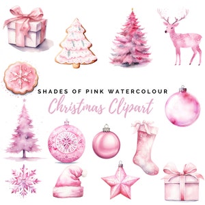 Pink Christmas Clipart Bundle - 14 PNG - instant download - 300dpi - Pastel Pink clip art designs - Pink watercolour style painting