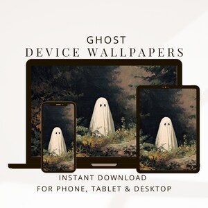 May include: Digital wallpaper set featuring a ghost in a forest scene displayed on a laptop, tablet, and smartphone. The text GHOST DEVICE WALLPAPERS and INSTANT DOWNLOAD FOR PHONE, TABLET & DESKTOP is visible above and below the electronic devices.