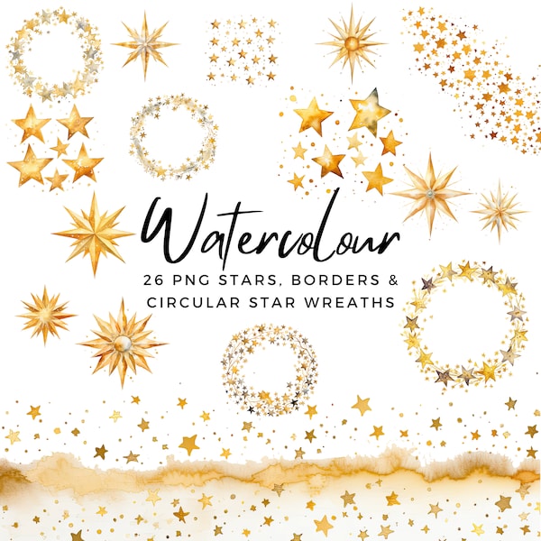 Watercolour Stars Clip Art and Borders PNG Bundle, Stars, 26 Star designs, Star Wreaths, Star Border Clipart Digital Downloadable