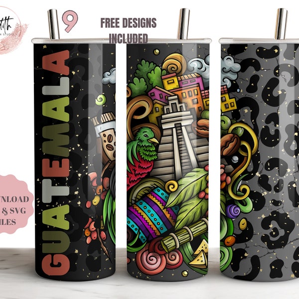 Guatemala Cartoon Graphic 20oz Skinny Tumbler SVG Sublimation Design Download   Guatemala Mayan Pyramid PNG Sublimate Designs Download png