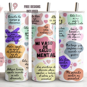 Vaso Salud Mental PNG, 20oz magere beker, sublimatie Spaanse SVG-beker, Spaanse Daily Affirmation Wrap, Tazas Afirmaciones, Mujer Poderosa