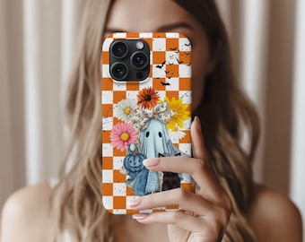 Ghostly Checkered Phone Case: Halloween Floral Goth Protector