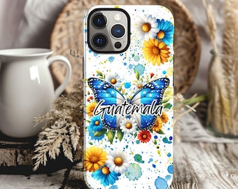 Guatemala Flag Phone Case: Lexan Plastic, Butterfly & Flowers Design