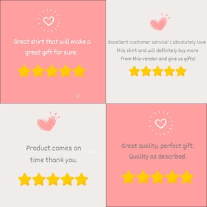 K&ouml;nnte beinhalten: Eine Collage aus vier Teilen mit rosa und wei&szlig;en Hintergr&uuml;nden, die Text und gelbe Sternebewertungen enth&auml;lt. Der Text enth&auml;lt S&auml;tze wie "Toller Kundenservice". Jedes Feld zeigt auch ein Herzsymbol.