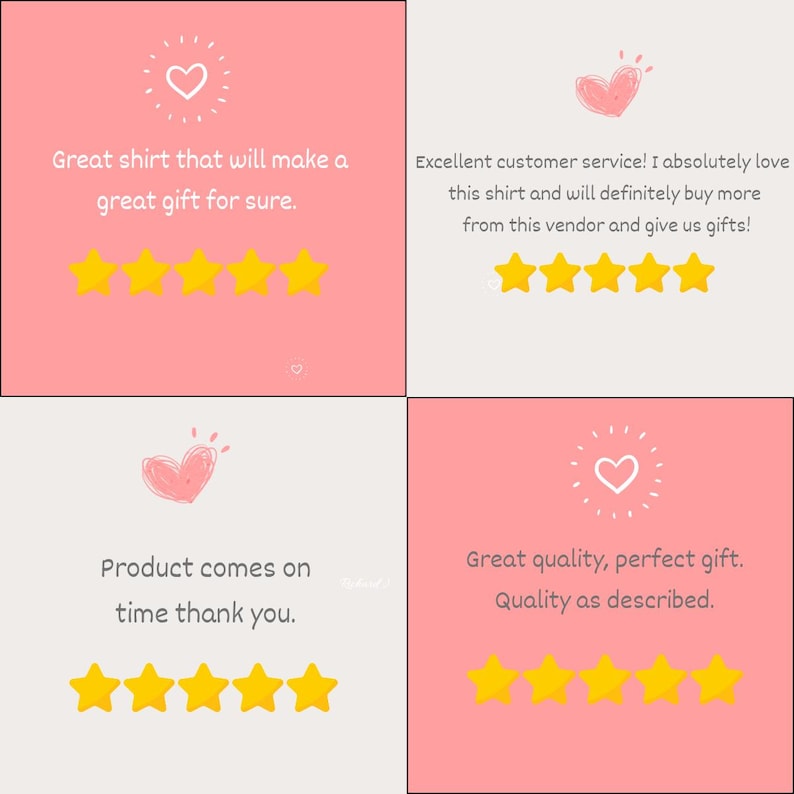 K&ouml;nnte beinhalten: Eine Collage aus vier Teilen mit rosa und wei&szlig;en Hintergr&uuml;nden, die Text und gelbe Sternebewertungen enth&auml;lt. Der Text enth&auml;lt S&auml;tze wie "Toller Kundenservice". Jedes Feld zeigt auch ein Herzsymbol.