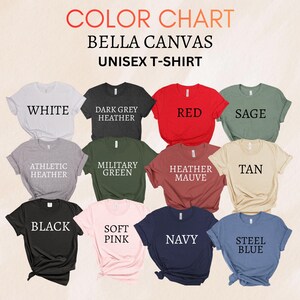 K&ouml;nnte beinhalten: Farbtabelle mit Bella Canvas Unisex-T-Shirts in verschiedenen Farben. Die Shirts sind in Wei&szlig;, Dunkelgrau-Melange, Rot, Salbei, Athletic-Melange, Milit&auml;rgr&uuml;n, Heather Mauve, Tan, Schwarz, Soft Pink, Navy und Steel Blue dargestellt.