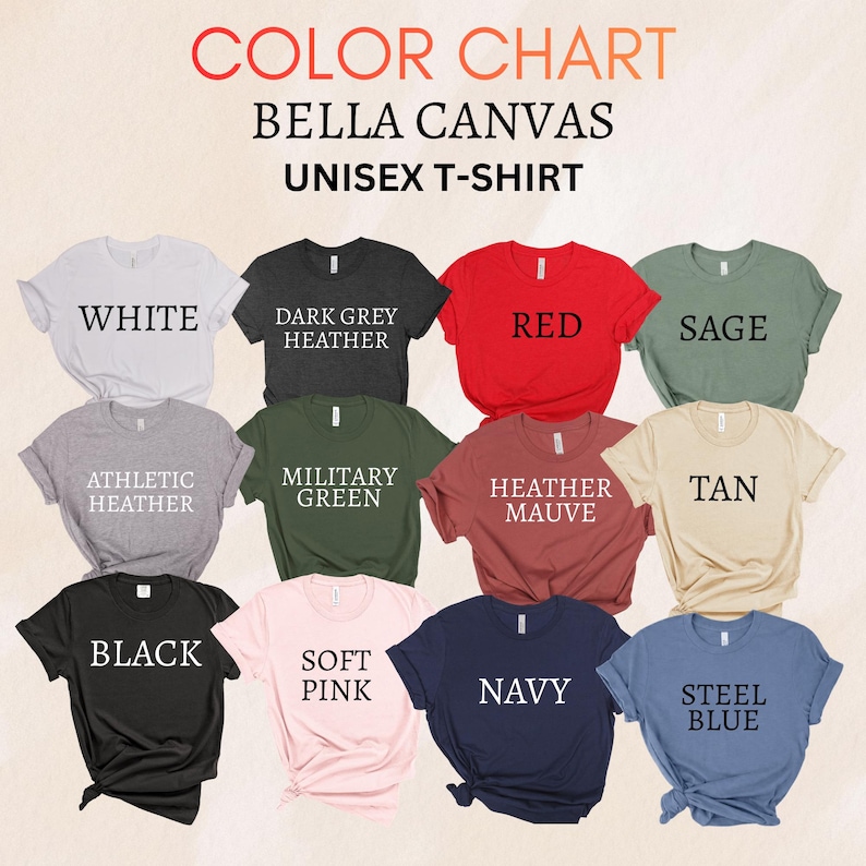 K&ouml;nnte beinhalten: Farbtabelle mit Bella Canvas Unisex-T-Shirts in verschiedenen Farben. Die Shirts sind in Wei&szlig;, Dunkelgrau-Melange, Rot, Salbei, Athletic-Melange, Milit&auml;rgr&uuml;n, Heather Mauve, Tan, Schwarz, Soft Pink, Navy und Steel Blue dargestellt.
